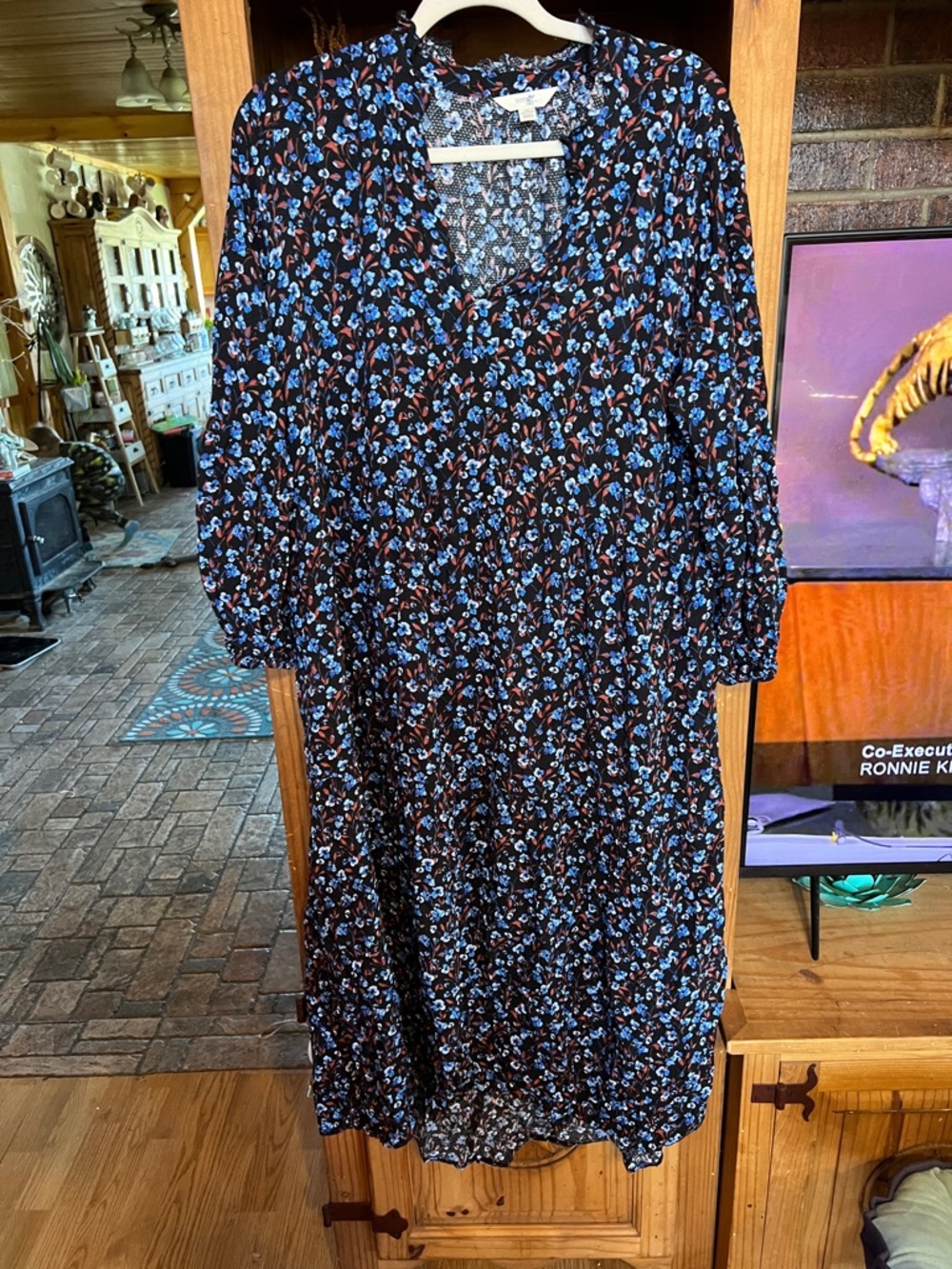Terra & Sky Black Midi Dress with Blue and Rust Floral Print